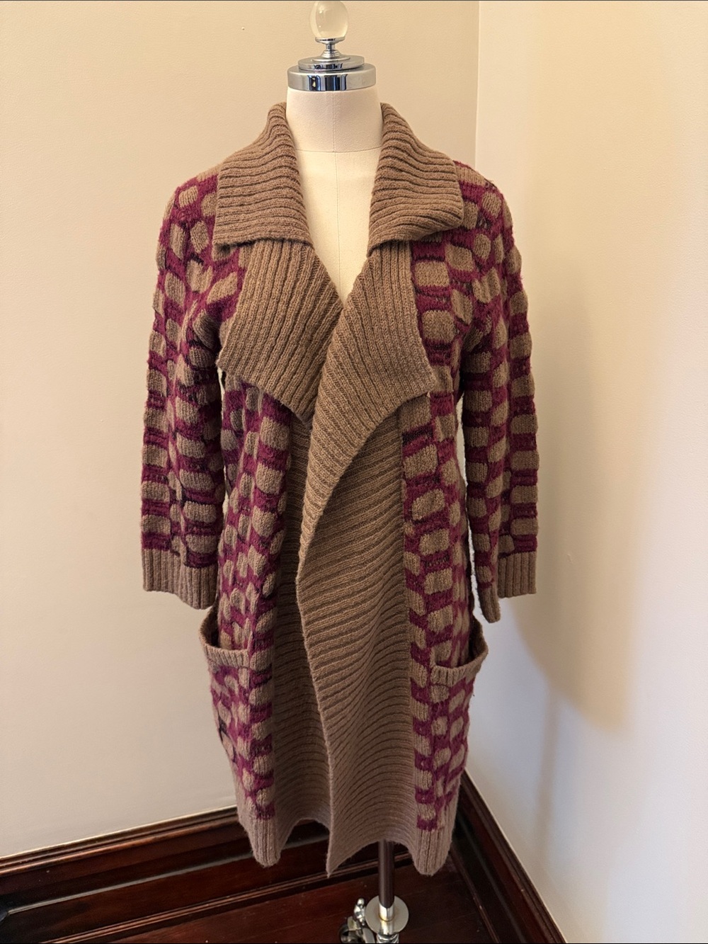 Ecote Taupe and Plum Open-Front Long Cardigan